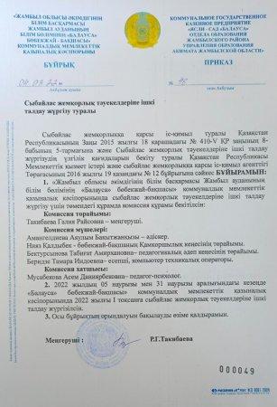 сыбайлас жемқорлық тәуекелдеріне ішкі талдау жүргізу туралы бұйрық